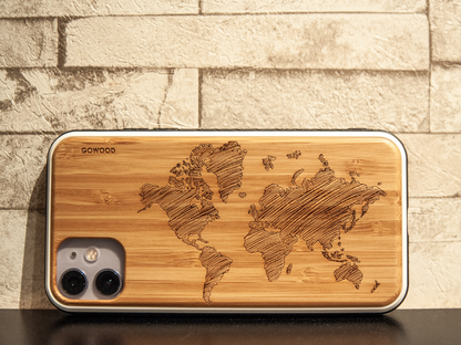 iPhone 11 Pro wood case world map engraved bamboo backside with TPU bumper