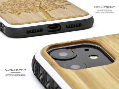 iPhone 11 wood case tree engraved bamboo backside with TPU bumper