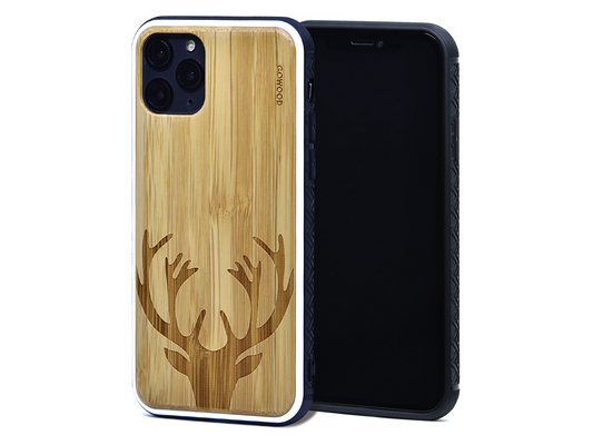 iPhone 11 Pro wood case deer engraved bamboo backside with TPU bumper