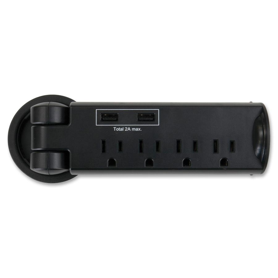 Pull-Up Power Module, 4 Outlets, 2 USB Ports, 8 ft Cord, Black