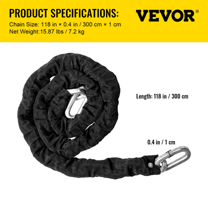 VEVOR Heavy Duty Chain Lock, 2/5 Inch x 9.83 Foot Security Chain and Lock Kit, Premium Case-Hardened Chain Pure Brass Lock Core with 3 Keys, Fit for Bikes, Motorcycle, Generator, Gates, Scooter