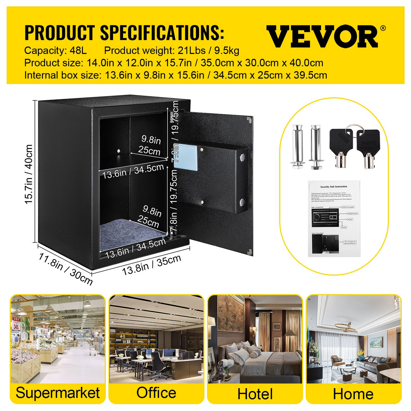 VEVOR Safe Box, 1.7 CU.FT Fingerprint Safe Box for Money w/ 2 Keys & Digital Keypad, Q235 Steel Safe Box for Storing Cash, Jewelry, Pistols, Documents, Watches in Home & Office & Hotel