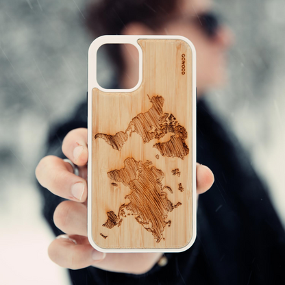 iPhone 13 bamboo wood case world map engraved backside with TPU bumper