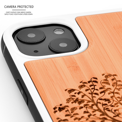 iPhone 13 bamboo wood case tree engraved backside with TPU bumper