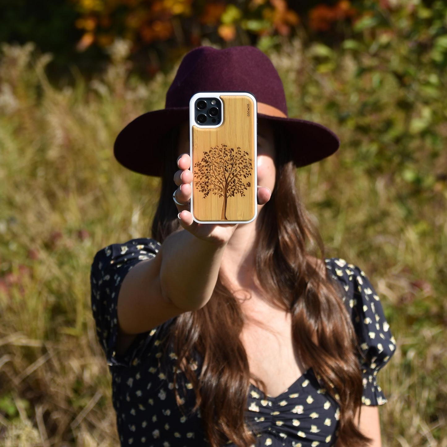 iPhone 13 bamboo wood case tree engraved backside with TPU bumper