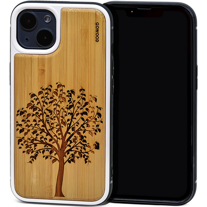 iPhone 13 bamboo wood case tree engraved backside with TPU bumper