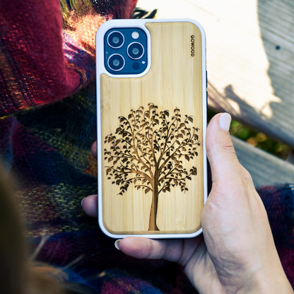 iPhone 13 bamboo wood case tree engraved backside with TPU bumper