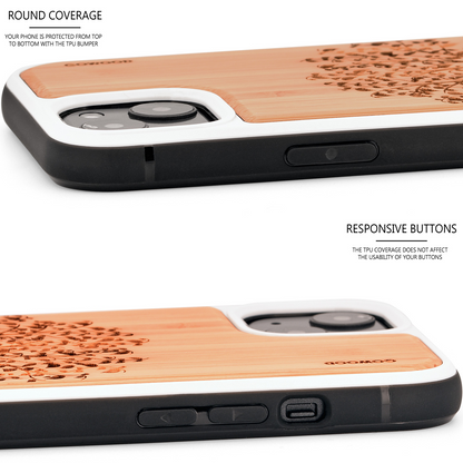 iPhone 13 bamboo wood case tree engraved backside with TPU bumper